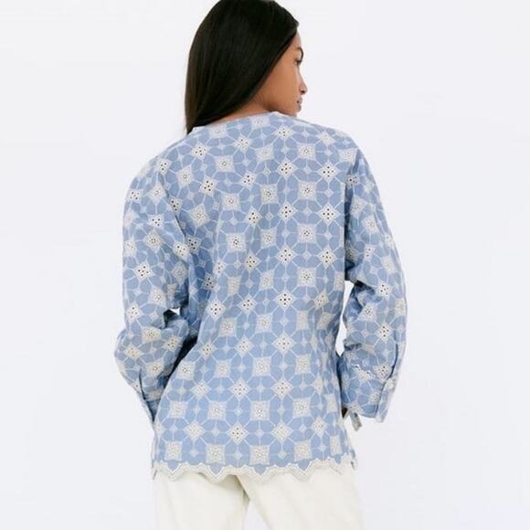 Zara Floral Embroidered Top Retro V-Neck Long-Sleeved high low top cotton small - Picture 3 of 16